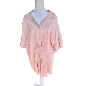 Anthropologie Sugarlips XL Pink Linen Button Down Short Sleeve Shirt Dress NWT
